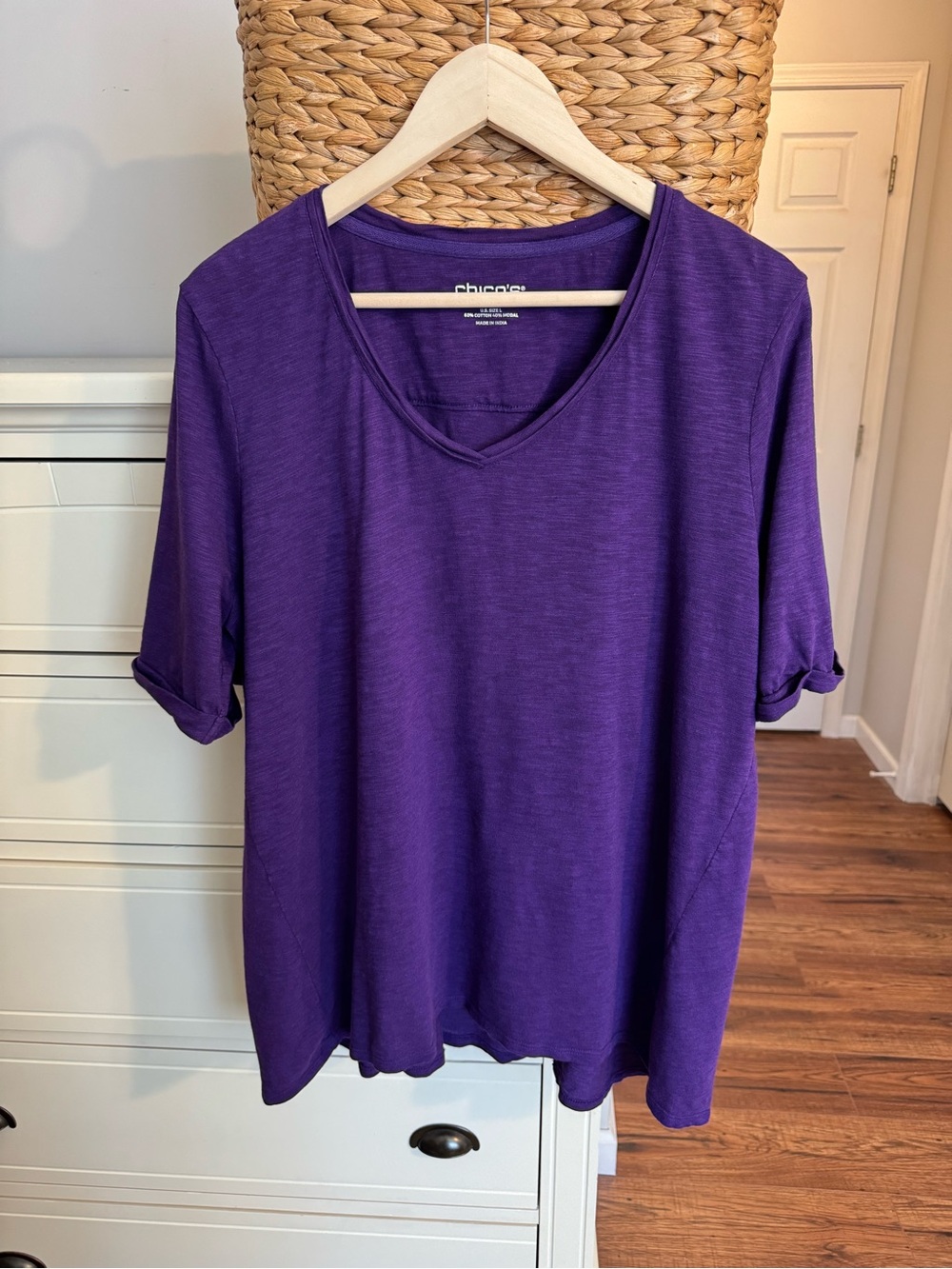 Chico’s Purple V Neck Top Size 2 Large Short Sleeve Cotton Modal Tee